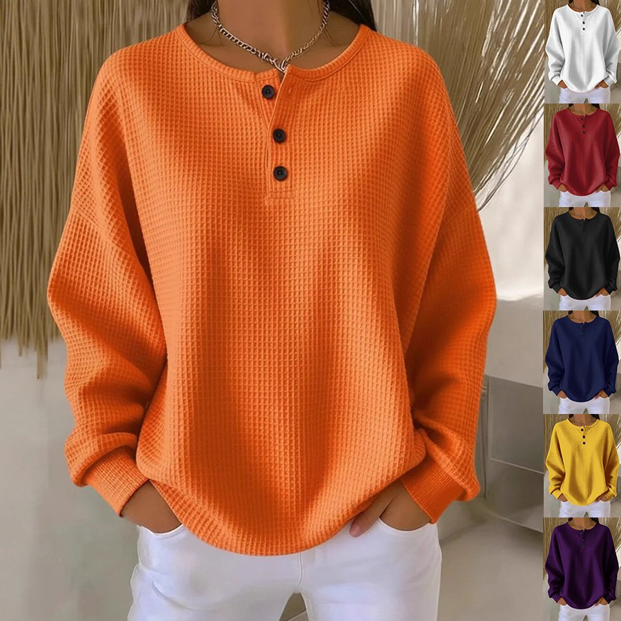 Solid Color Waffle Long Sleeve Top for Women