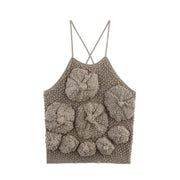 Retro Floral Sling Top for Women - Fluffy Texture & 3D Flowers