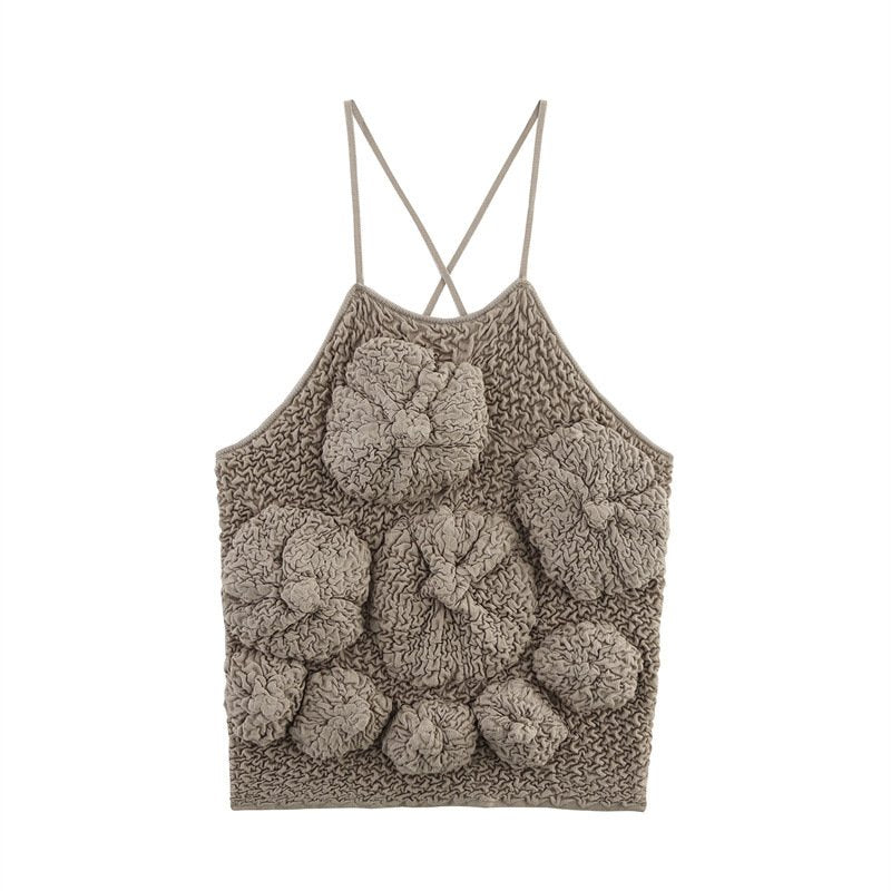 Retro Floral Sling Top for Women - Fluffy Texture & 3D Flowers