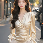 Women's Elegant Satin V-Neck Long Sleeve Blouse