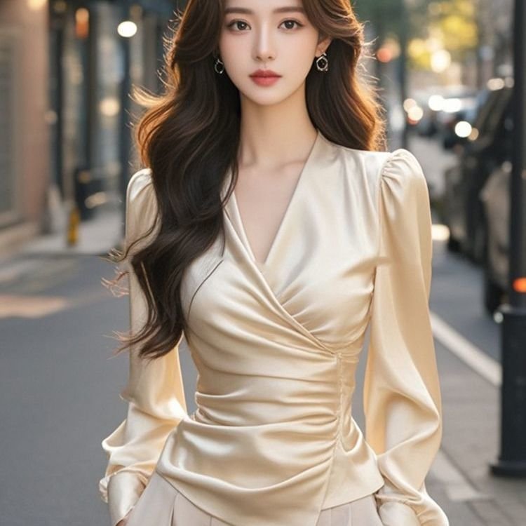Women's Elegant Satin V-Neck Long Sleeve Blouse