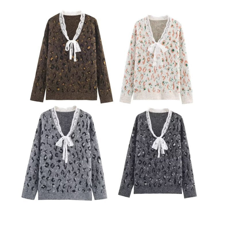 Chic Leopard Print Ruffled Pullover Sweater for Women