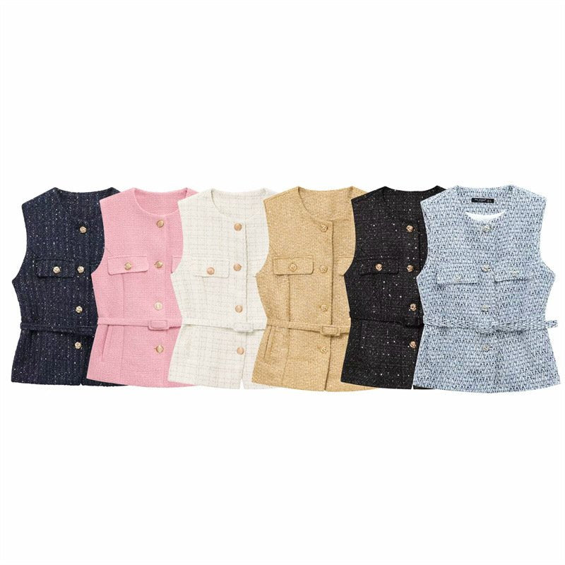 Casual Sleeveless Vest for Women with Belt Texture