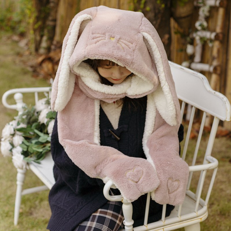 Winter Rabbit Ears Plush Hat Set for Women