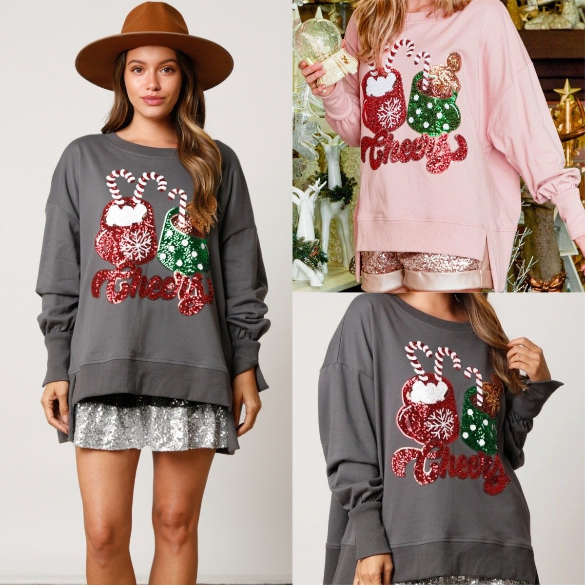 Gray Sequined Casual Pullover Sweater