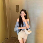 Women's Slimming Off-Shoulder Blue Summer Top