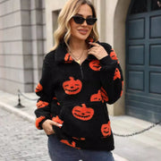 Cozy Halloween Sweater for Women - Long Sleeve Half Zipper Pullover