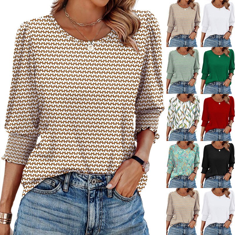 Women's Autumn Casual Loose Print Round Neck Long-Sleeve Top