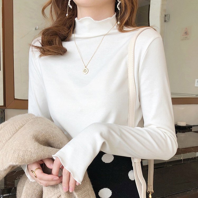 Women's Slim Solid Long-Sleeve Ruffle Mock Neck Top