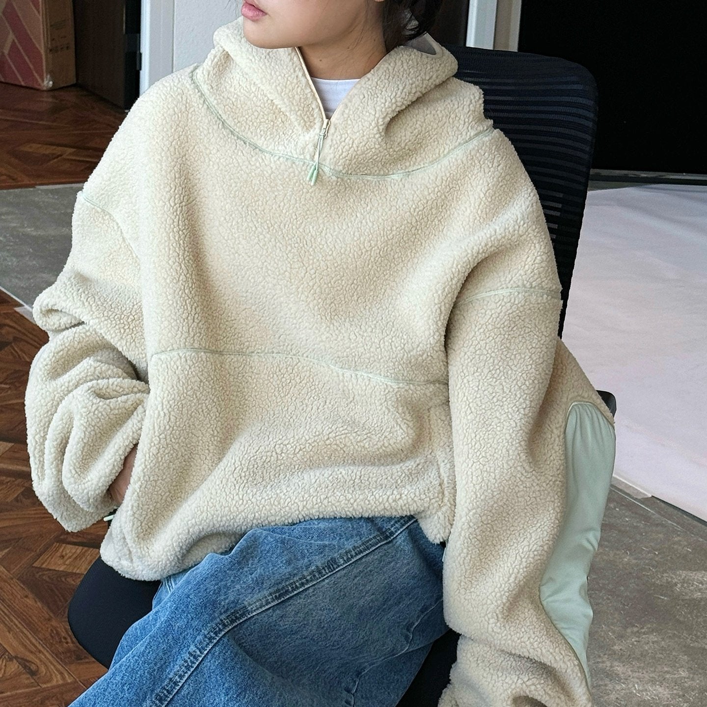 Stay Warm in Style: Thick Wind-Proof Beige Hooded Sweatshirt