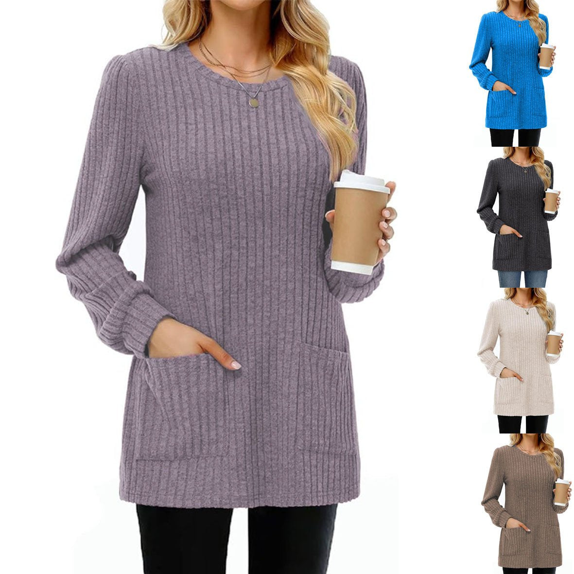 Women's Striped Pocket Mid-Length Sweater