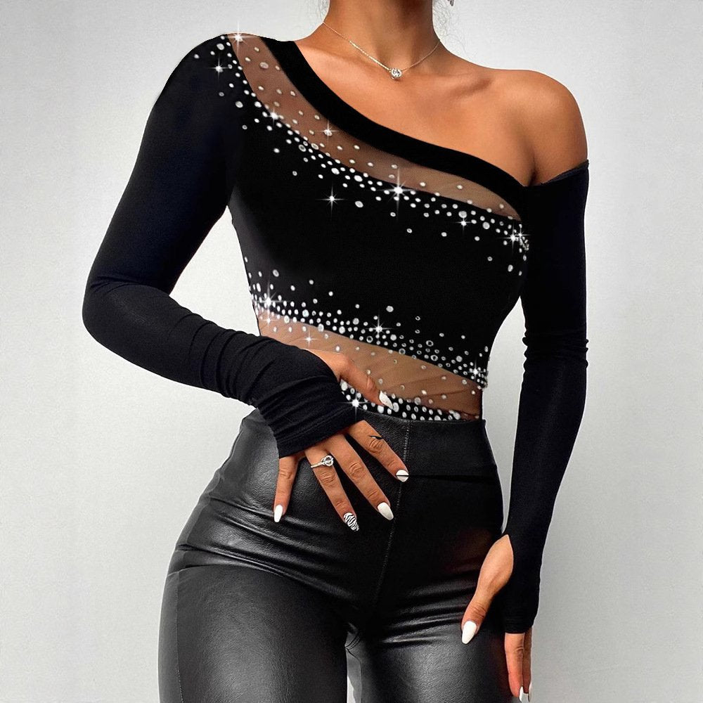 Black Mesh Long-Sleeve Sheer Top for Women