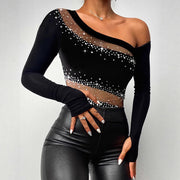 Black Mesh Long-Sleeve Sheer Top for Women