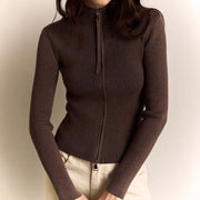 Trendy High-Waist Zipper Slim-Fit Long-Sleeve Sweater Top