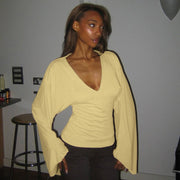Elegant V-Neck Slim Fit Flared Long Sleeve Top