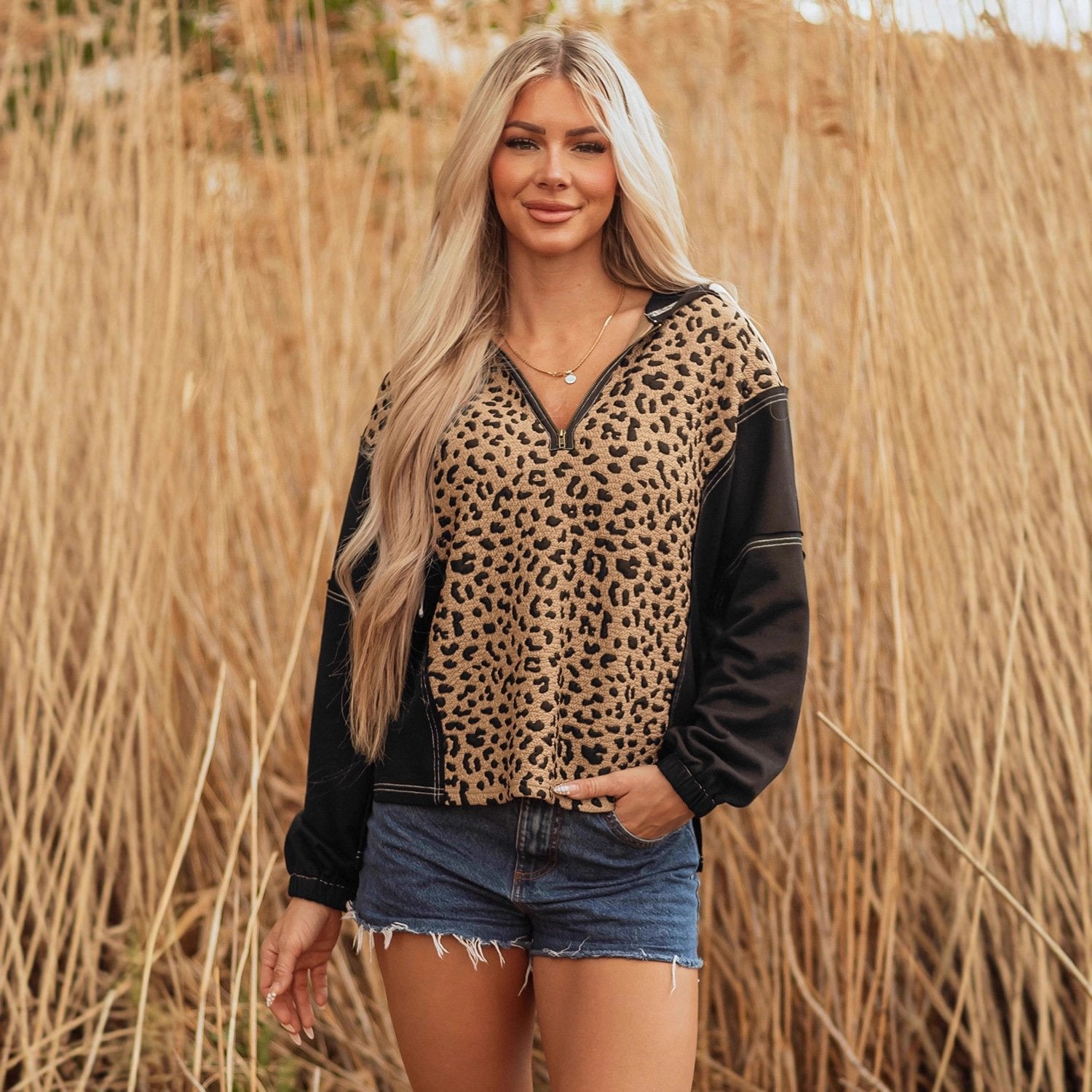 Leopard Print Long-sleeved V-neck Sweater