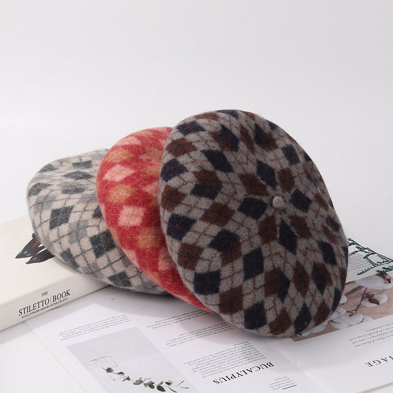 Winter Wool Beret for Women - Plaid, Adjustable, Breathable