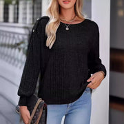 Chic Solid Round Neck Long Sleeve Top with Badge Detail