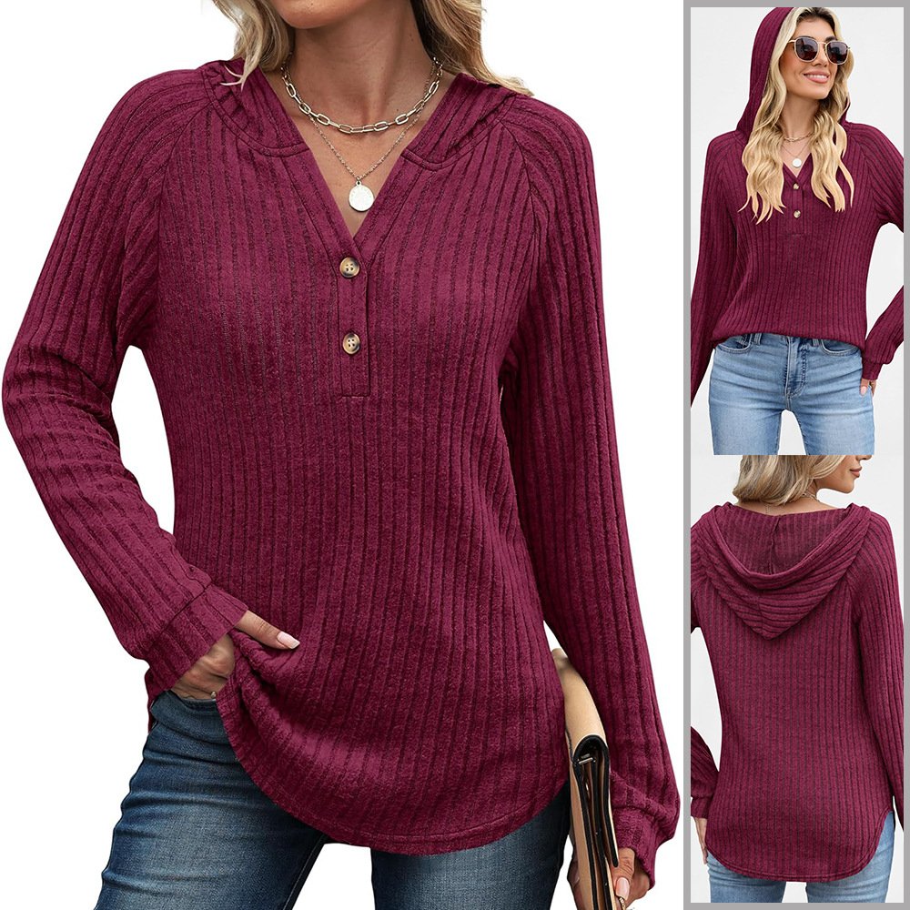 Cozy V-Neck Button Fleece Hooded Knit Top