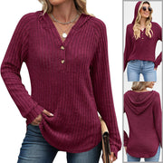 Cozy V-Neck Button Fleece Hooded Knit Top