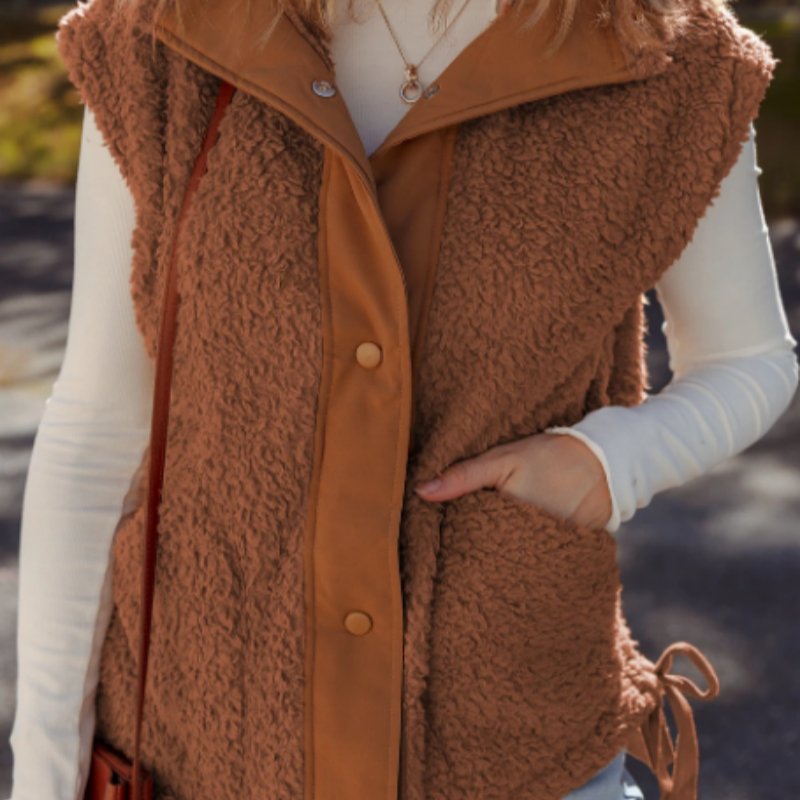Beige & Brown Faux Fur Vest with Pockets for Women