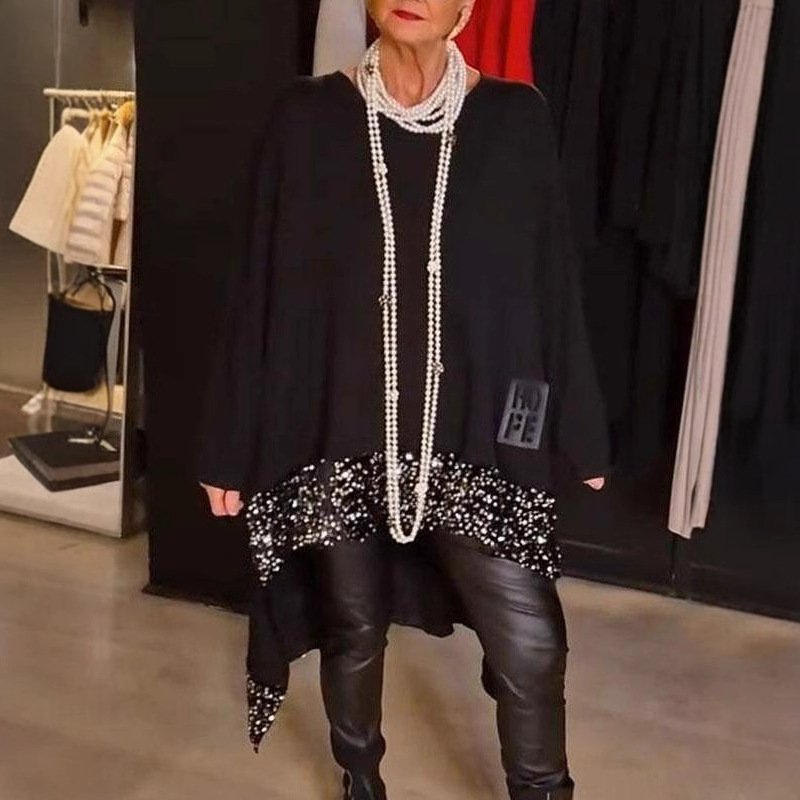 Sequin Patchwork Loose Round Neck Long Sleeve Top