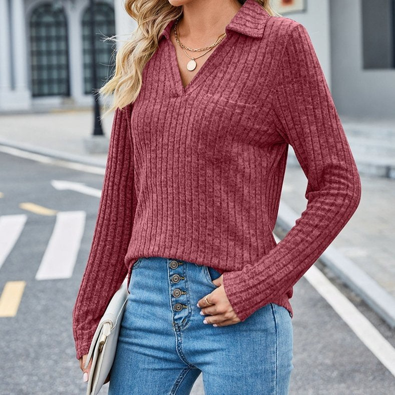 Chic Solid Long-Sleeve Pocket Top for Women
