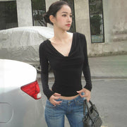 Chic Deep V Slim-Fit Long-Sleeve Top for Women