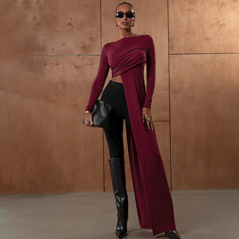 Slim Fit Round Neck Long Sleeve Strap Top