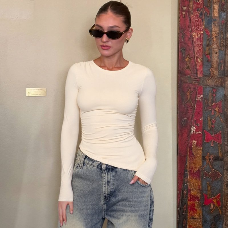 Slim Fit Round Neck Long Sleeve Beveled Top