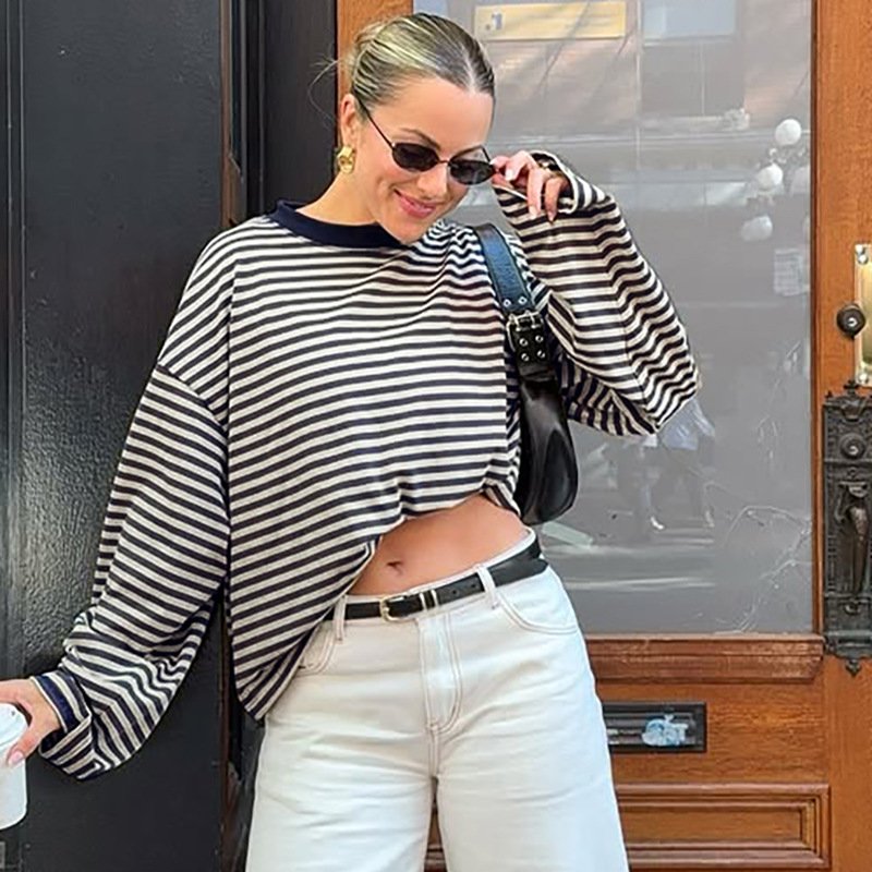 Colorblock Striped Long Sleeve Tee for Women