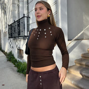 Women's Slim-Fit Ribbed Shell Button Long-Sleeve Top