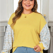 Plus Size Floral Sleeve Striped Contrast Loose Top