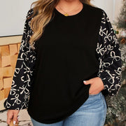 Plus Size Black Bow Patchwork Round Neck Shirt