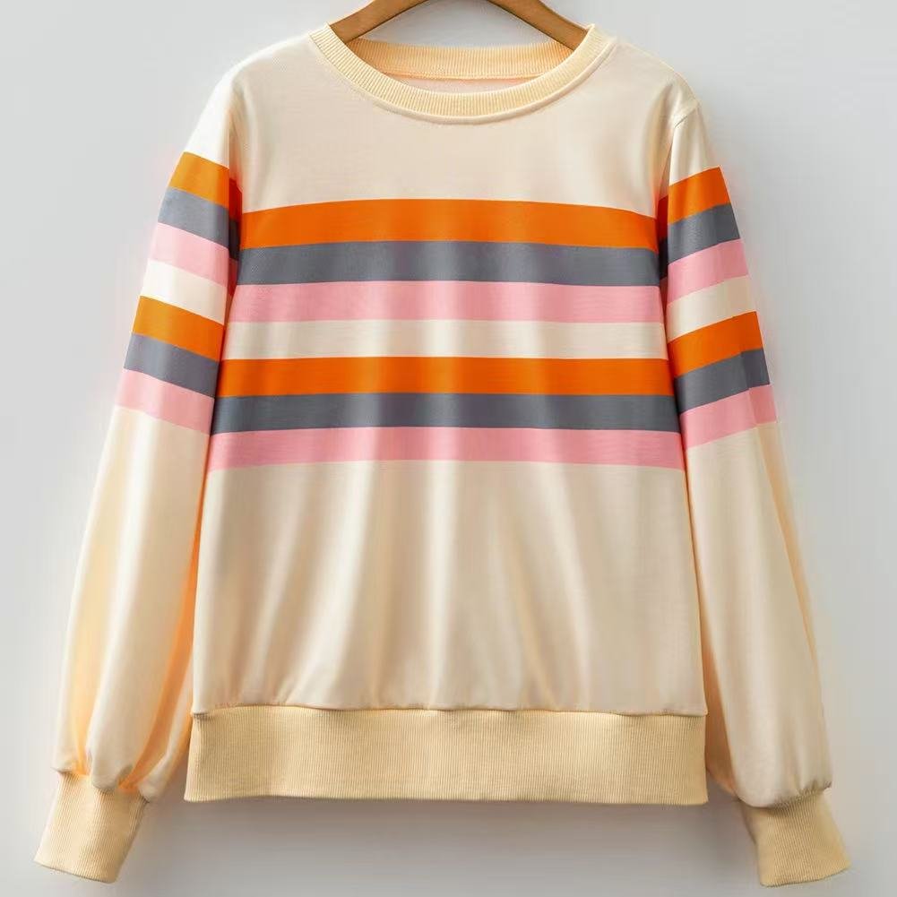 Beige Striped Casual Sweatshirt for Women