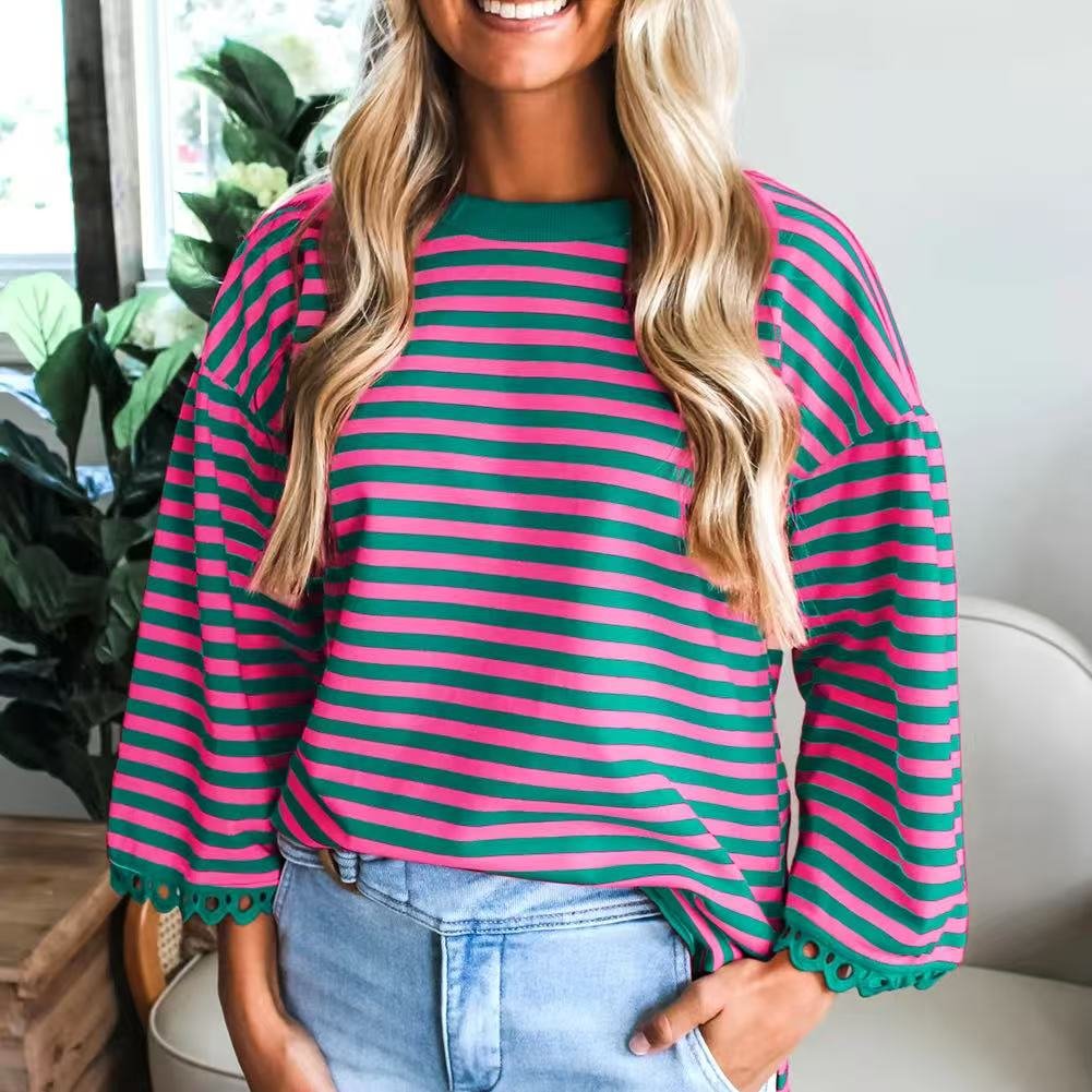 Women's Casual Striped Long Sleeve Crew Neck Top