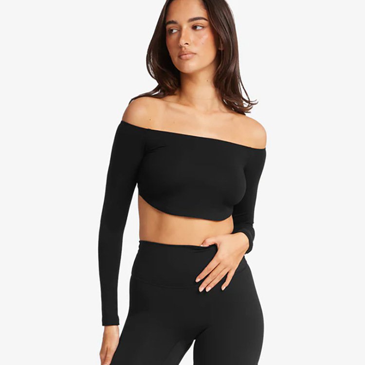 Off-Shoulder Slim Fit Sports Top with Built-In Bra