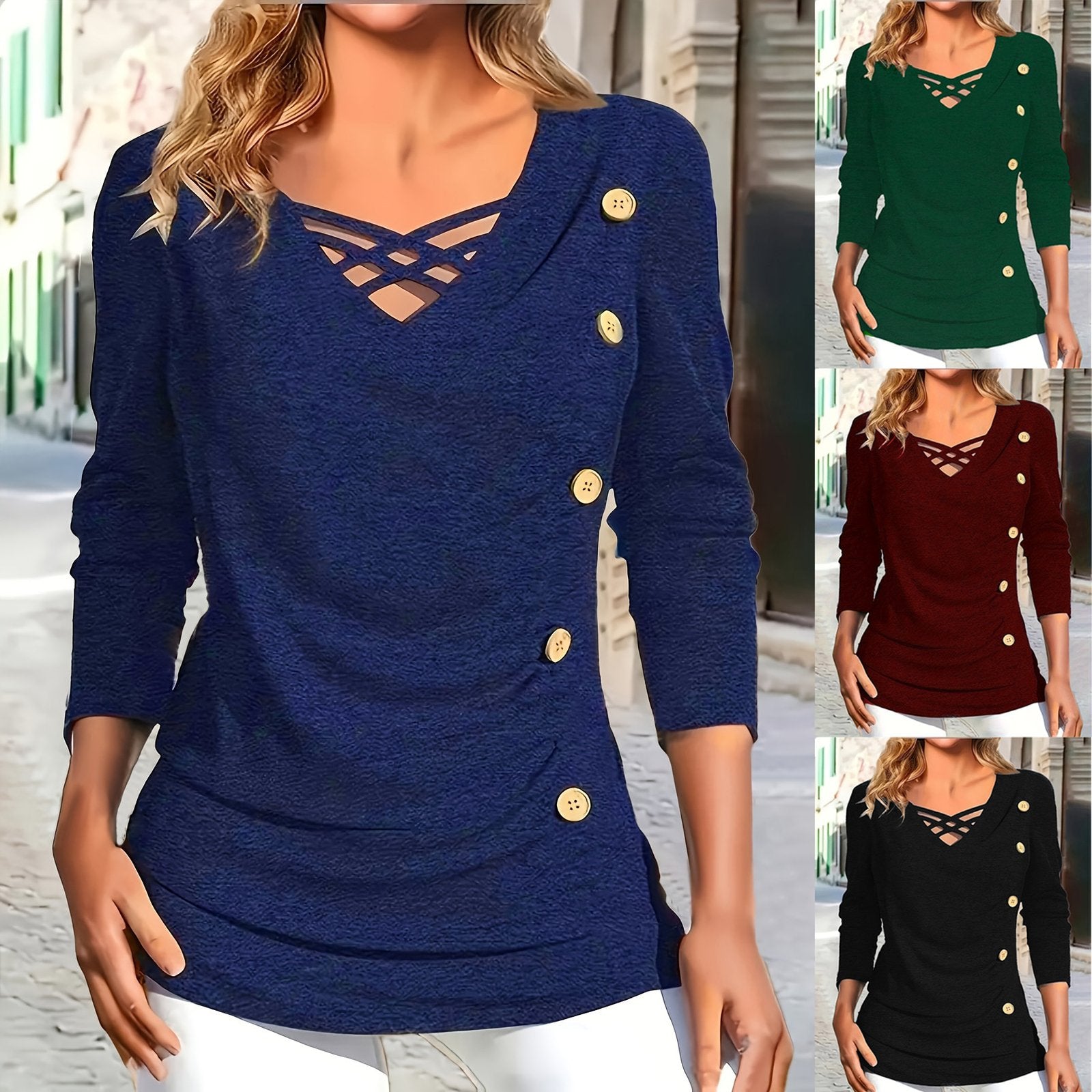 Plus Size V-Neck Knitted Long Sleeve Button Top