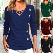 Plus Size V-Neck Knitted Long Sleeve Button Top
