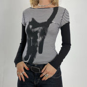 Chic Striped Cat Print Knit Top for Women