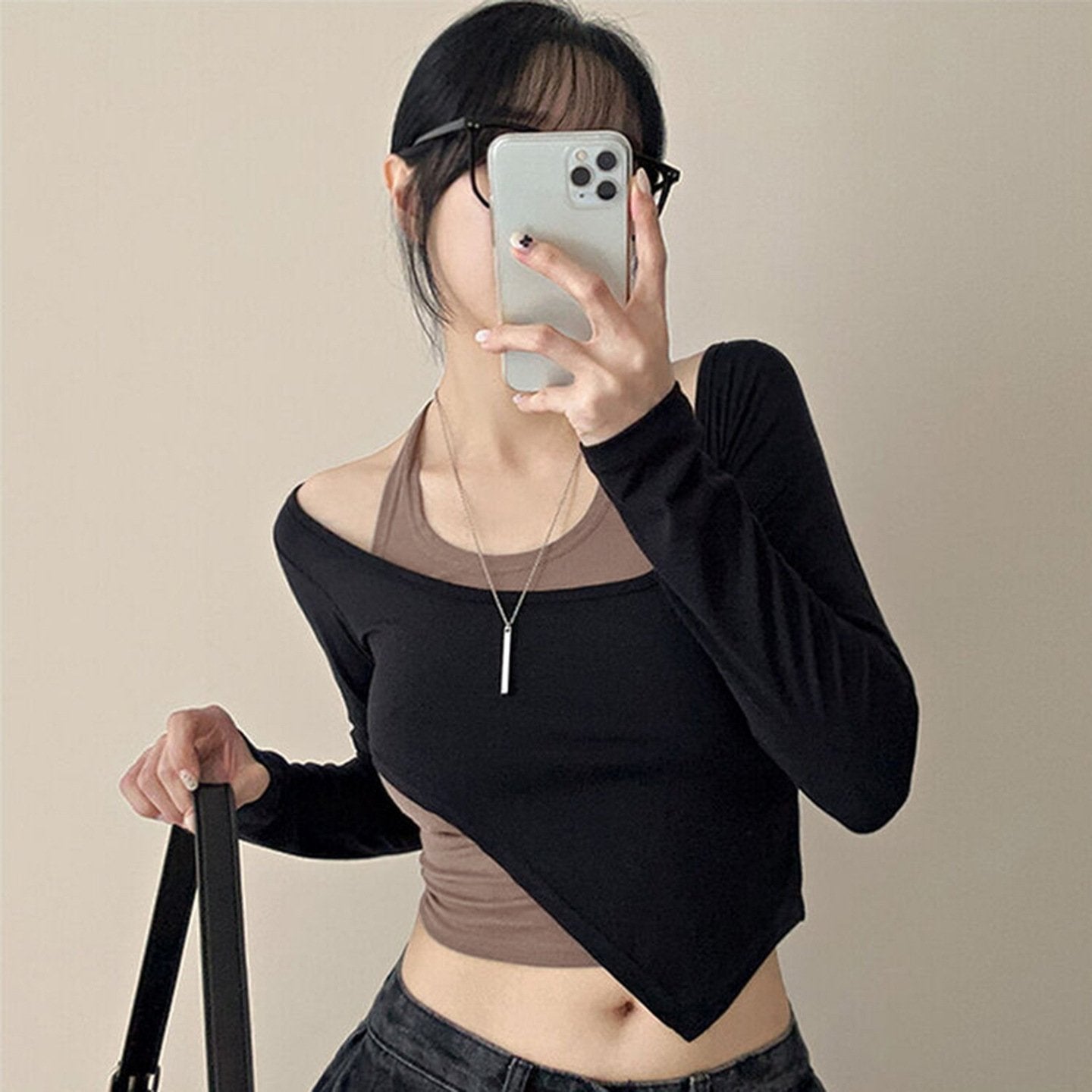 Chic Color-Block Irregular Two-Piece Crop Top Set