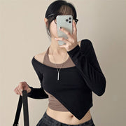 Chic Color-Block Irregular Two-Piece Crop Top Set