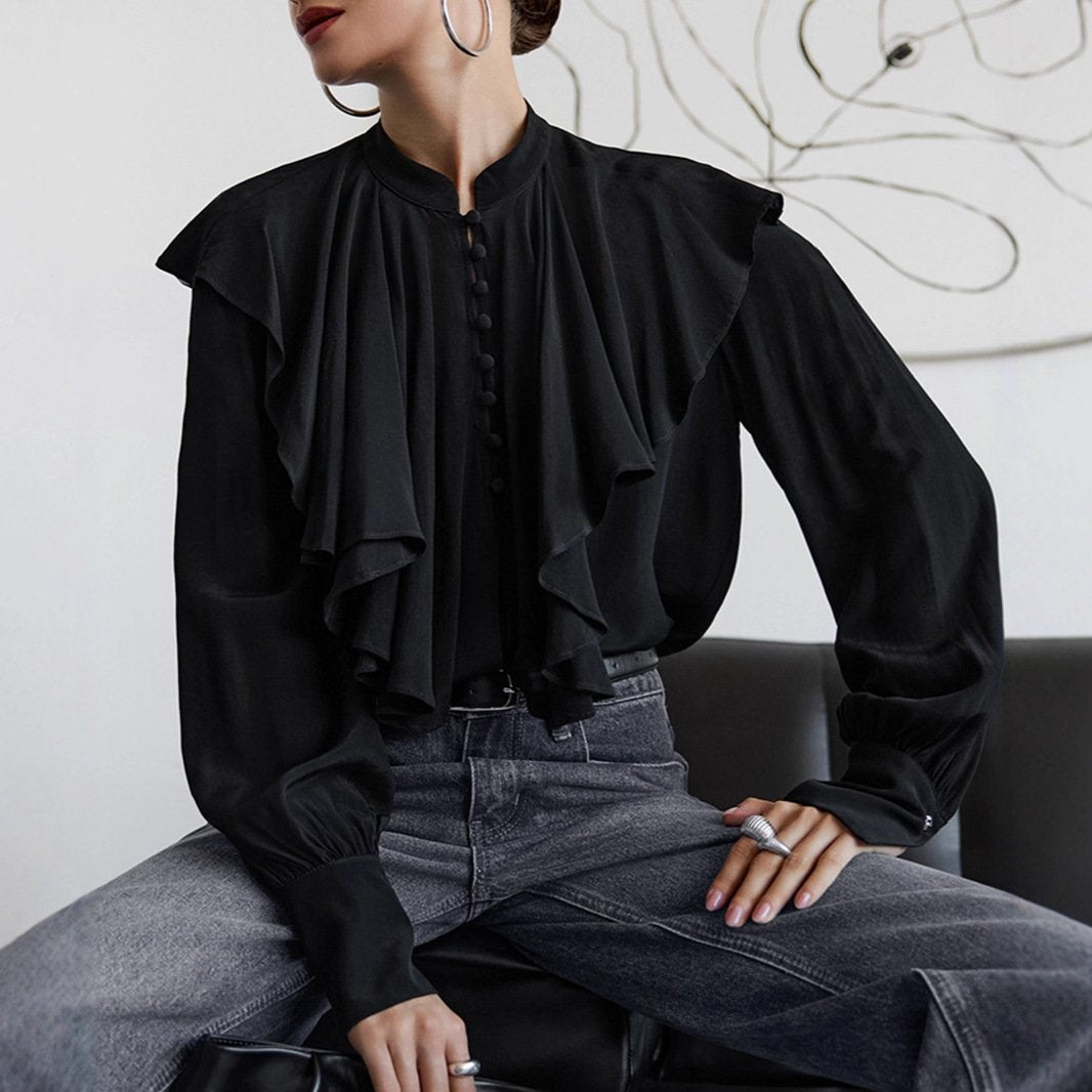 Elegant Black Palace Ruffle Top - Loose Fit Long Sleeve