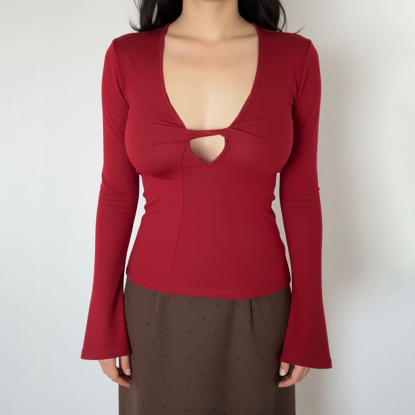 Sexy Deep V Slim-Fit Long Sleeve Solid Top