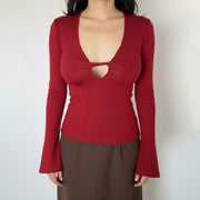 Sexy Deep V Slim-Fit Long Sleeve Solid Top
