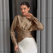 Graceful Round Neck Long-Sleeve Solid Women's Top