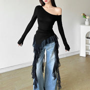 Women's Asymmetrical Diagonal Collar Slim Long-Sleeve Top