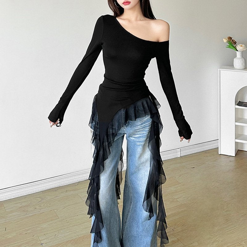 Women's Asymmetrical Diagonal Collar Slim Long-Sleeve Top