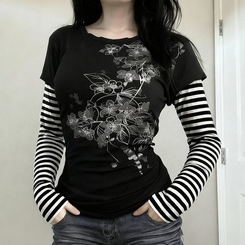 Women's Striped Fake Two-Piece Casual Long-Sleeve Top
