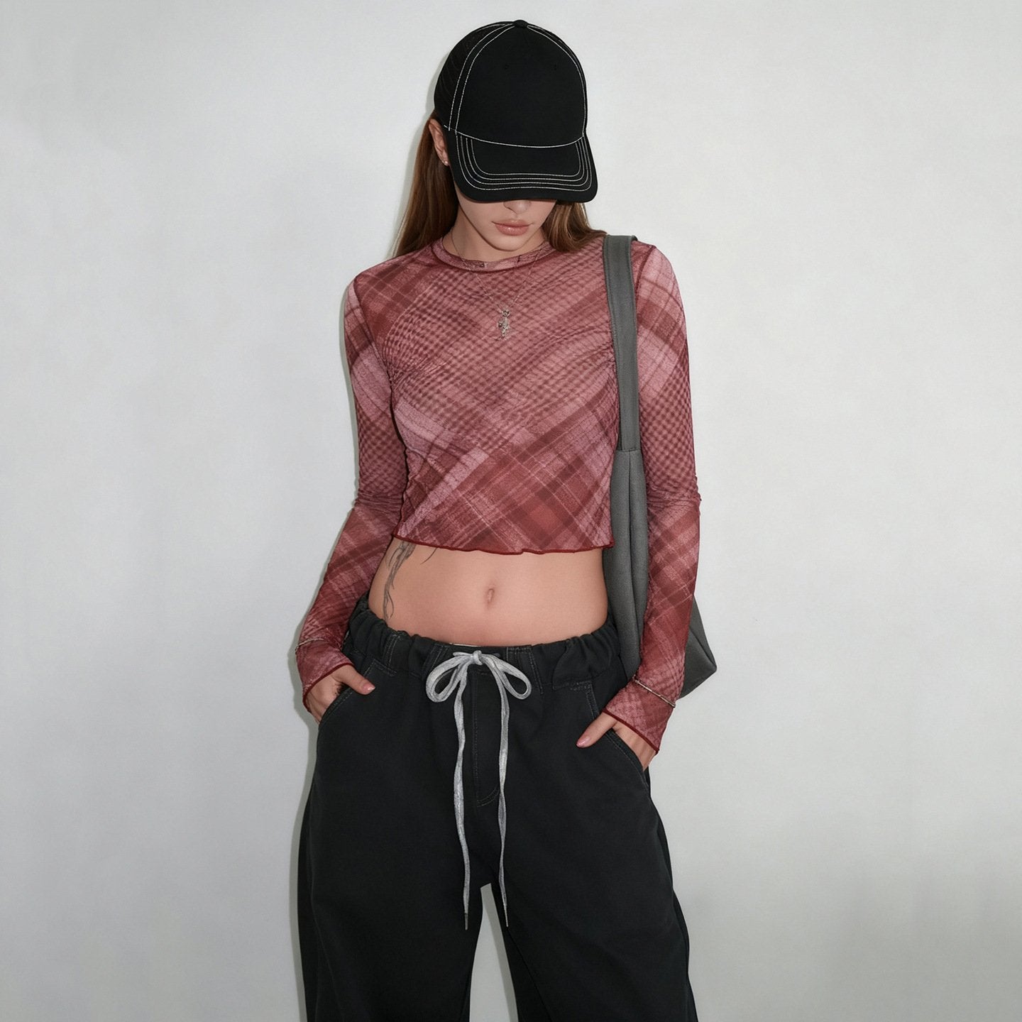 Sheer Plaid Contrast Mesh Long-Sleeve Top